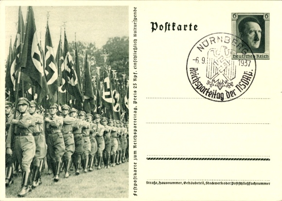 Postal stationery Postcard Nuremberg, Reich Party Rally of the NSDAP 1937, SA men with flags