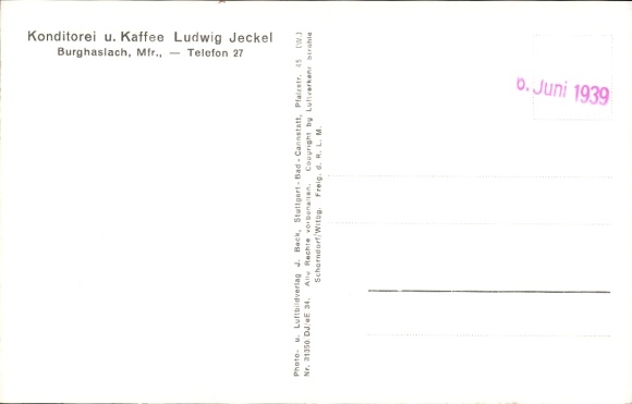 Postcard Burghaslach in Middle Franconia, aerial photograph, Jeckel Confectionery