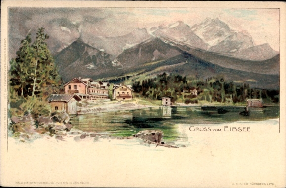 Artist Chromo-Litho Deuchert, H., Grainau in Upper Bavaria, Eibsee, Mountains