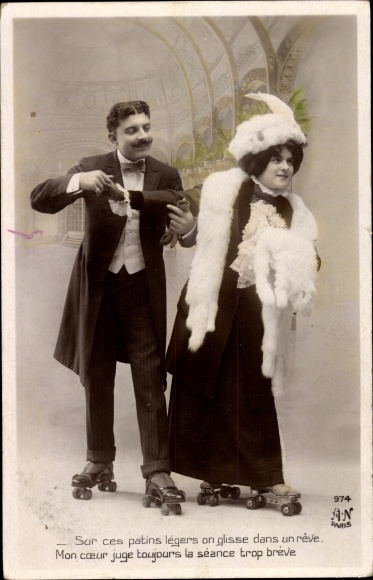 Postcard lovers when roller skating, Sur ces patins legers on glisse dans un reve...