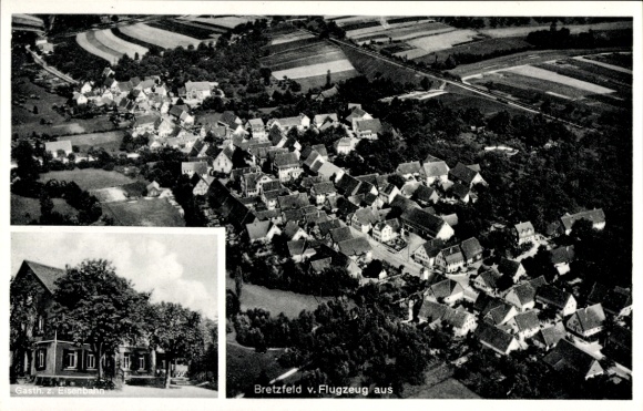 Postcard Bretzfeld in Württemberg, aerial photograph, Gasthaus zur Eisenbahn