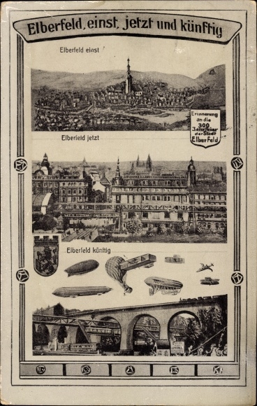 PC Elberfeld Wuppertal, long shot, panorama with suspension railway, future, zeppelins