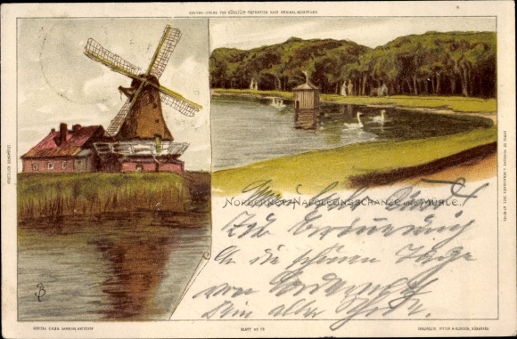 Artist Chromo-Litho Biese, C., Norderney, Napoleonschanze and windmill, duck house, Novitas