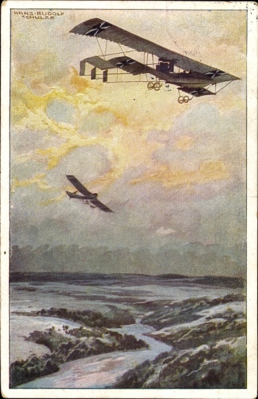 Artist PC Schulze, Hans Rudolf, military biplane on reconnaissance flight over the Argonne Forest