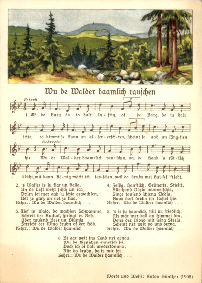 Song Postcard Anton Günther Erzgebirge dialect, Wu de Walder haamlich rustling