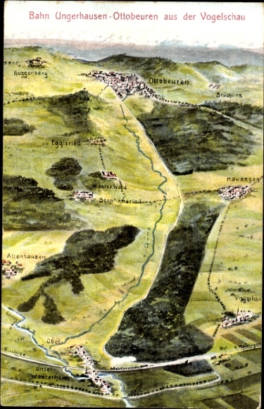 Maps Postcard Ungerhausen in Unterallgäu, railway line Ottobeuren, bird's eye view