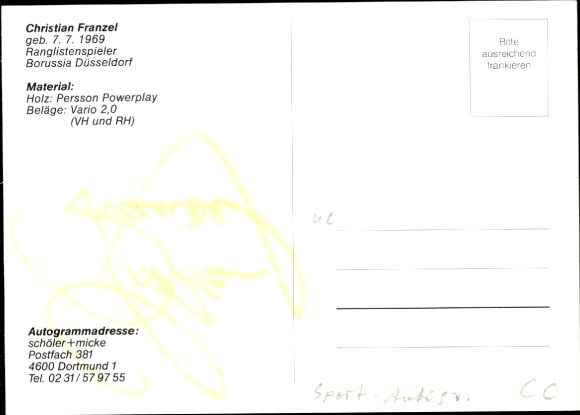 Postcard table tennis, Christian Franzel, Borussia Düsseldorf, autograph