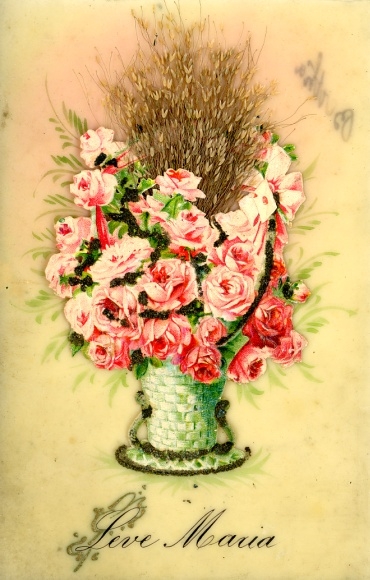 Celluloid Postcard Flower Basket, Roses, Real Plants