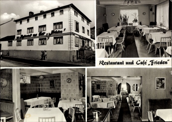 Postcard Bad Salzungen in Thuringia, Restaurant and Café Frieden, building view, interiors, GDR style