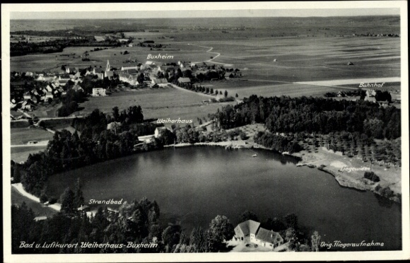 Ak Buxheim in Schwaben, Weiherhaus, Strandbad, Bahnhof, Fliegeraufnahme
