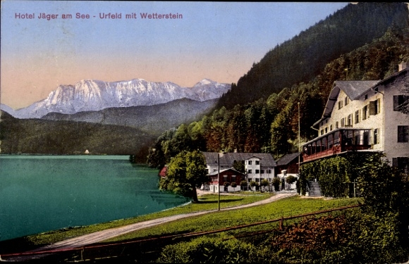 Postcard Urfeld Kochel am See Upper Bavaria, Hotel Jäger am See, Wetterstein