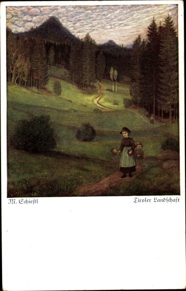 Artist PC Schiestl, Matthäus, Tyrolean landscape, woman in costume