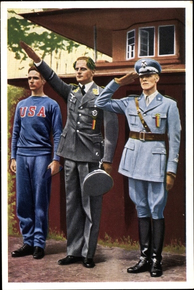 Sammelbild Olympia 1936 Serie 18 Bild 6, Fünfkampf, Handrick, Leonard, Abba, Franck Kaffee