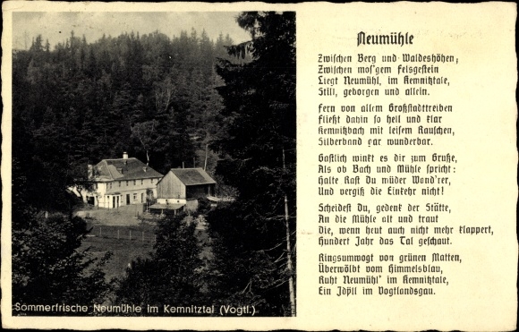 Ak Neumühle Burgstein Vogtland, zomerresort Neumühle in het Kemnitztal, gedicht