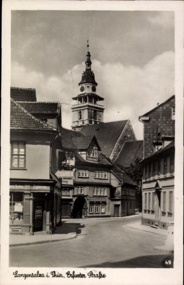 Postcard Bad Langensalza in Thuringia, Erfurter Straße, building, clock tower, black and white
