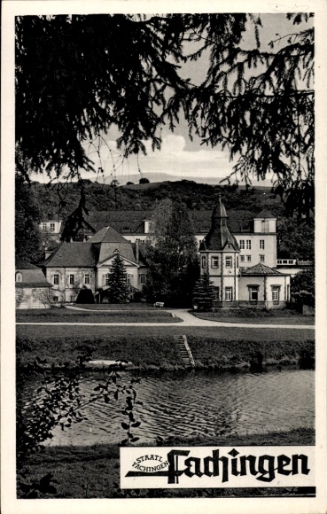 Postcard Fachingen Birlenbach, view of a large house, gardens, advertising, mineral water