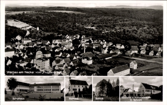 Postcard Wernau am Neckar, aerial photograph, schoolhouse, town hall, castle, grocery store