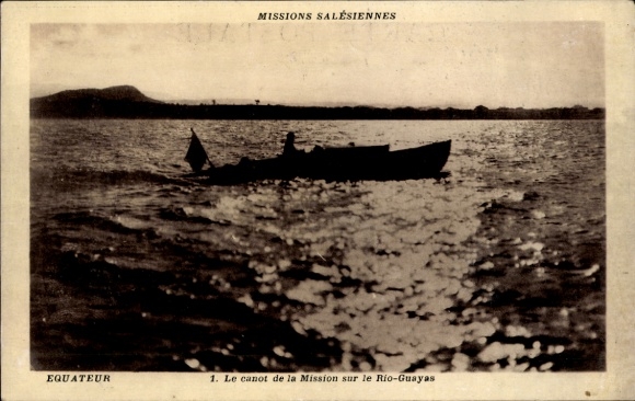 Postcard Ecuador, Le canot de la Mission sur le Rio Guayas