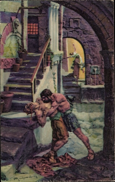 Artist Postcard Mastroianni, Domenico, scene from Quo Vadis, fight between Croton and Ursus