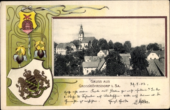 Embossed passepartout coat of arms PC Großröhrsdorf in Sachsen, total view of the place, church