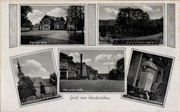 Postcard Hardisleben Buttstädt in Thuringia, Karlsplatz, main street, war memorial, church