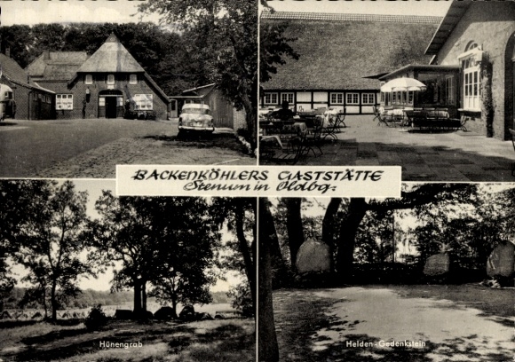 Postcard Stenum Ganderkesee Lower Saxony, Backenköhlers restaurant, megalithic tomb, hero memorial stone