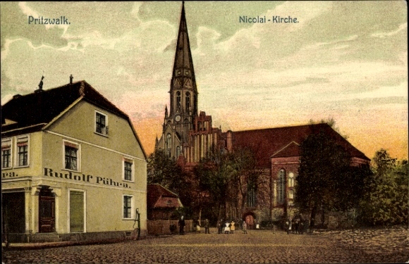 Postcard Pritzwalk in the Prignitz, Nicolai Church, shop
