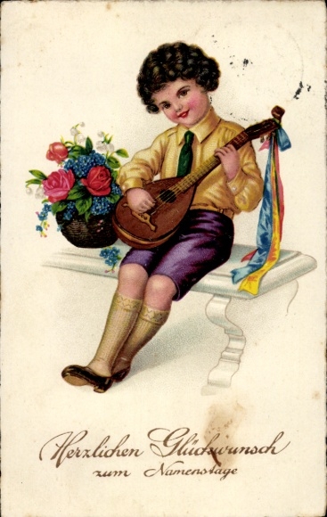 Postcard congratulations name day, boy with lute, flowers