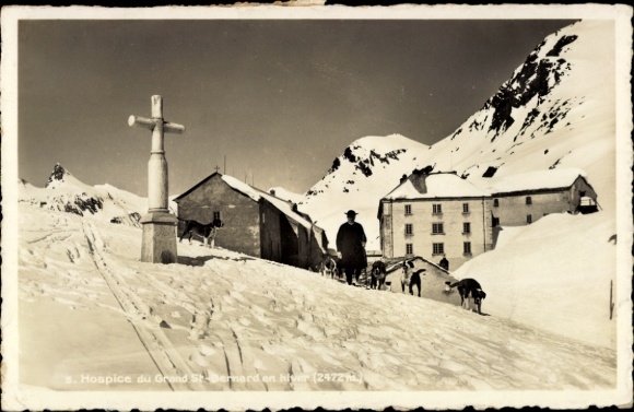 Postcard Canton of Valais, Switzerland, Hospice of the Grand St. Bernard in winter, St. Bernards