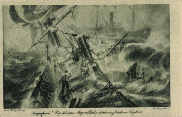 Artist Postcard Stöwer, Willy, torpedoed English sailing ship, naval battle, WWI