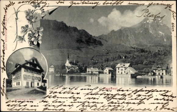 KP Hergiswil Kt Nidwalden, widok ogólny, szczyt górski, Gasthaus zum Adler