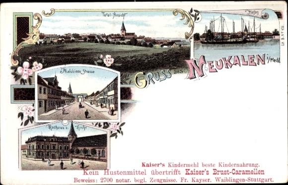 Chromo-Litho Neukalen in Mecklenburg, Malchiner Straße, town hall, church, harbor, sailing ships