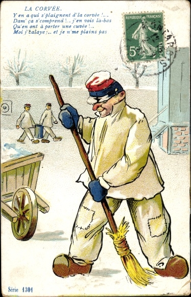 Postcard La Corvée, street cleaners, soldiers, wheelbarrows, brooms
