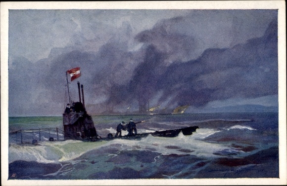 Artist PC Heusser, Harry, Austrian submarine, bombardment of the blast furnaces of Porto Ferrajo