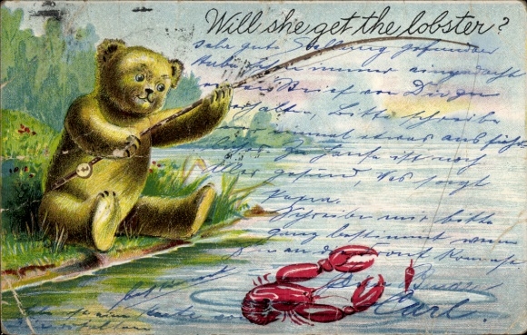 Postcard Will she catch the lobster, Teddy fishes lobster