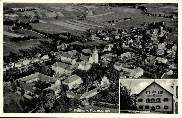 Ak Polling bij Weilheim Opper-Beieren, luchtfoto van kloosterboerderij, landbouwgebied