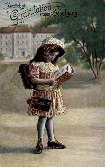 Postcard Congratulations First Day of School, Girl Reading a Book, School Bag