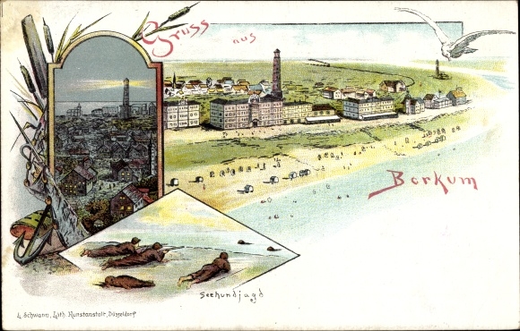 Litho Insel Borkum Ostfriesland, Seehundjagd, Leuchtturm