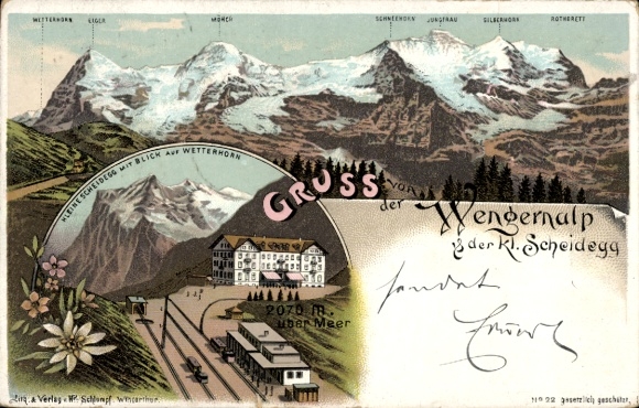 Litho Wengen Kt. Bern, Gruß von der Wengernalp, Kleine Scheidegg, Wetterhorn, Bahnstation