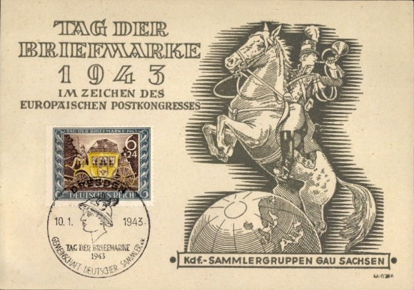 Artist Postcard Stamp Day 1943, Postal Rider, KdF Collector Groups Gau Saxony
