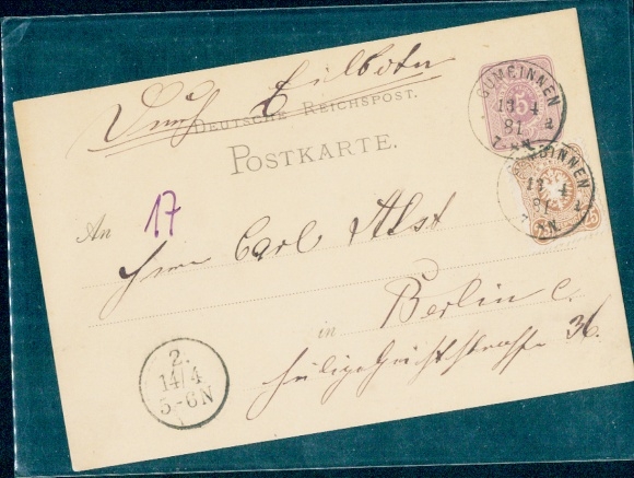 P 10 z Michelem nr 43a! na pocztówce kurierskiej Gumbinnen-Berlin 13 kwietnia 1881