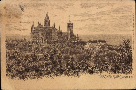 Künstler Ak Königswinter am Rhein, Drachenfels, Drachenburg