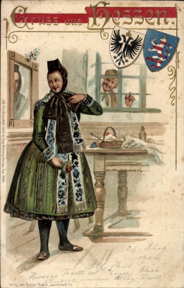 Coat of arms Embossed Chromo-Litho Young woman in Hessian costume, farmhouse parlor, man at the window