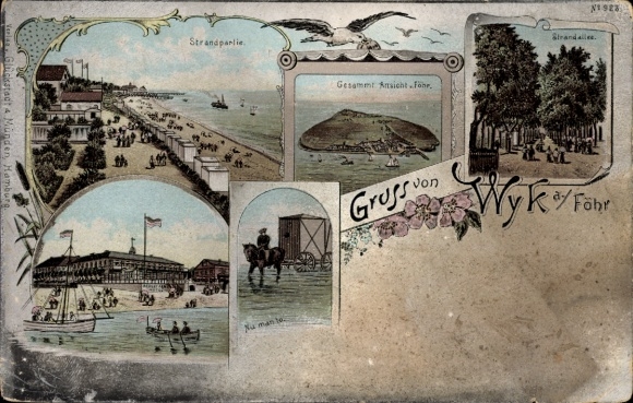 Ak Wyk auf Föhr Noord-Friesland, strand, algemeen beeld, strandlaan, boten, ruiters
