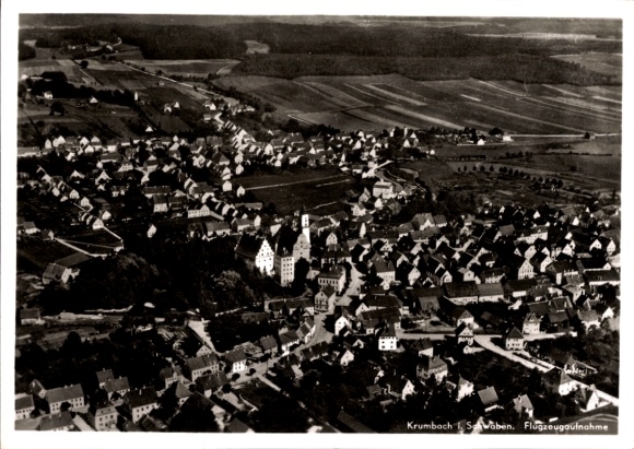 Postcard Krumbach in Swabia, Krumbad, aerial view of many houses and fields, architecture
