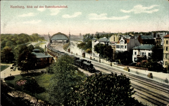 Postcard Hamburg Eimsbüttel Rotherbaum, Dammtorbahnhof, track side, steam locomotive