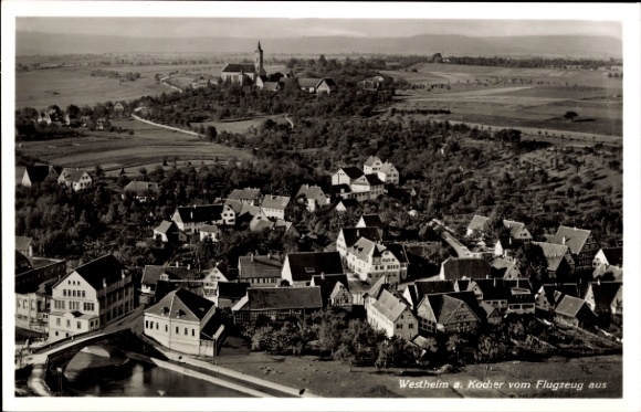 Postcard Westheim in Westphalia Marsberg in Sauerland, aerial view of church, residential buildings, rural U