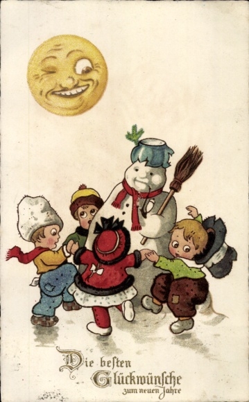 Postcard Happy New Year, children, snowman