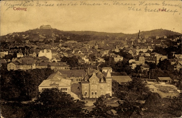 Postcard Coburg in Upper Franconia, city view of Veste Coburg in the background, old architecture