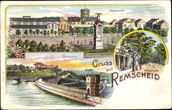 Chromo-Litho Remscheid in the Bergisches Land, Kaiserplatz, Alleestrasse, Dam